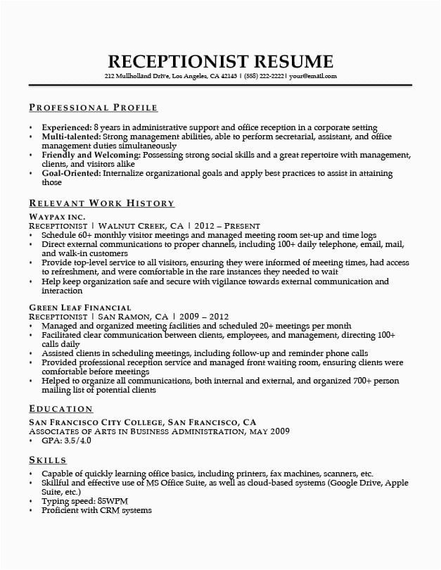Sample Resume for Receptionist Administrative assistant Receptionist Resume Sample