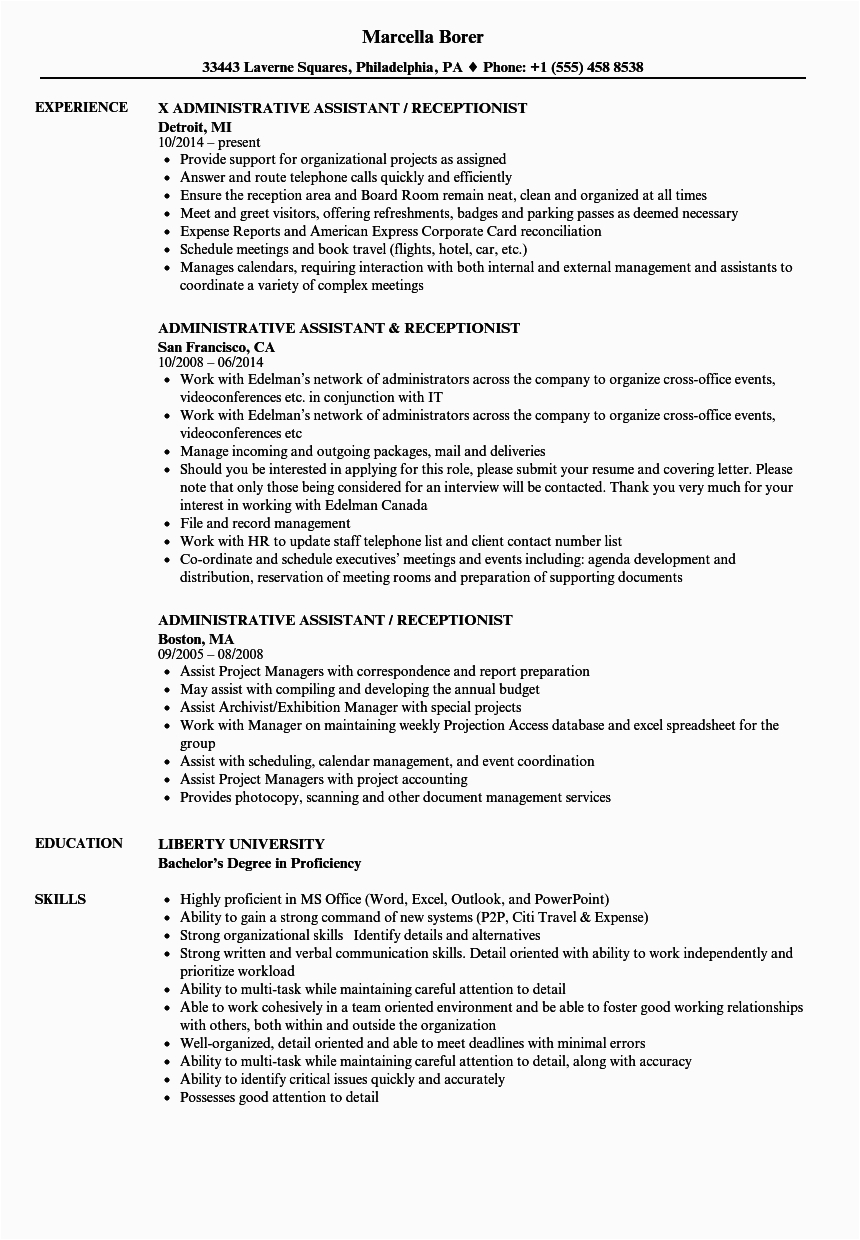 Sample Resume for Receptionist Administrative assistant Resumes Samples for Receptionist Free Resume Templates