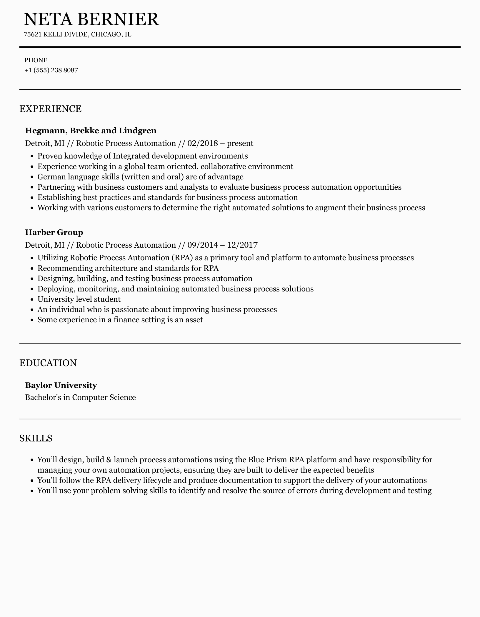 Sample Resume for Robotic Process Automation Robotic Process Automation Resume Samples