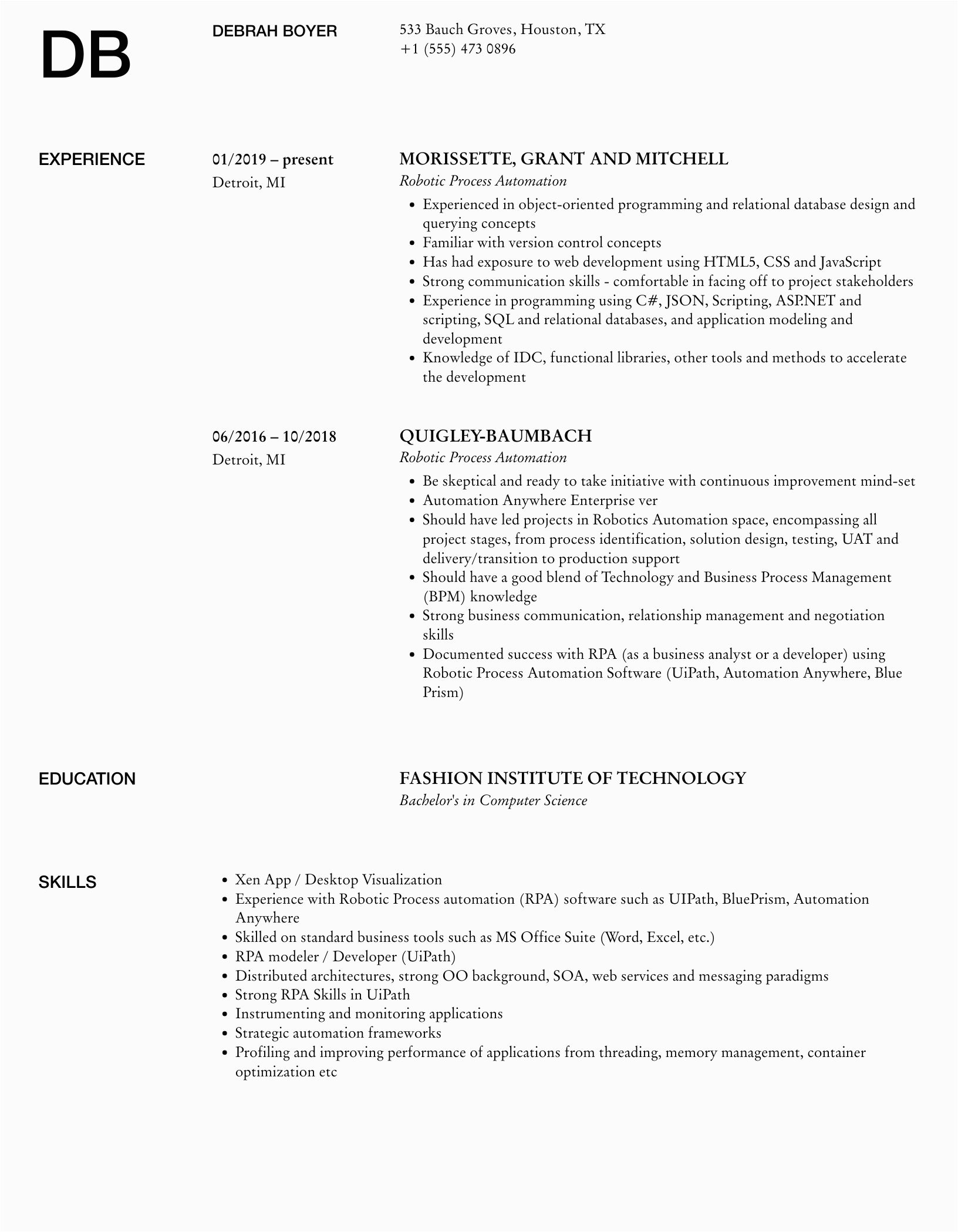 Sample Resume for Robotic Process Automation Robotic Process Automation Resume Samples