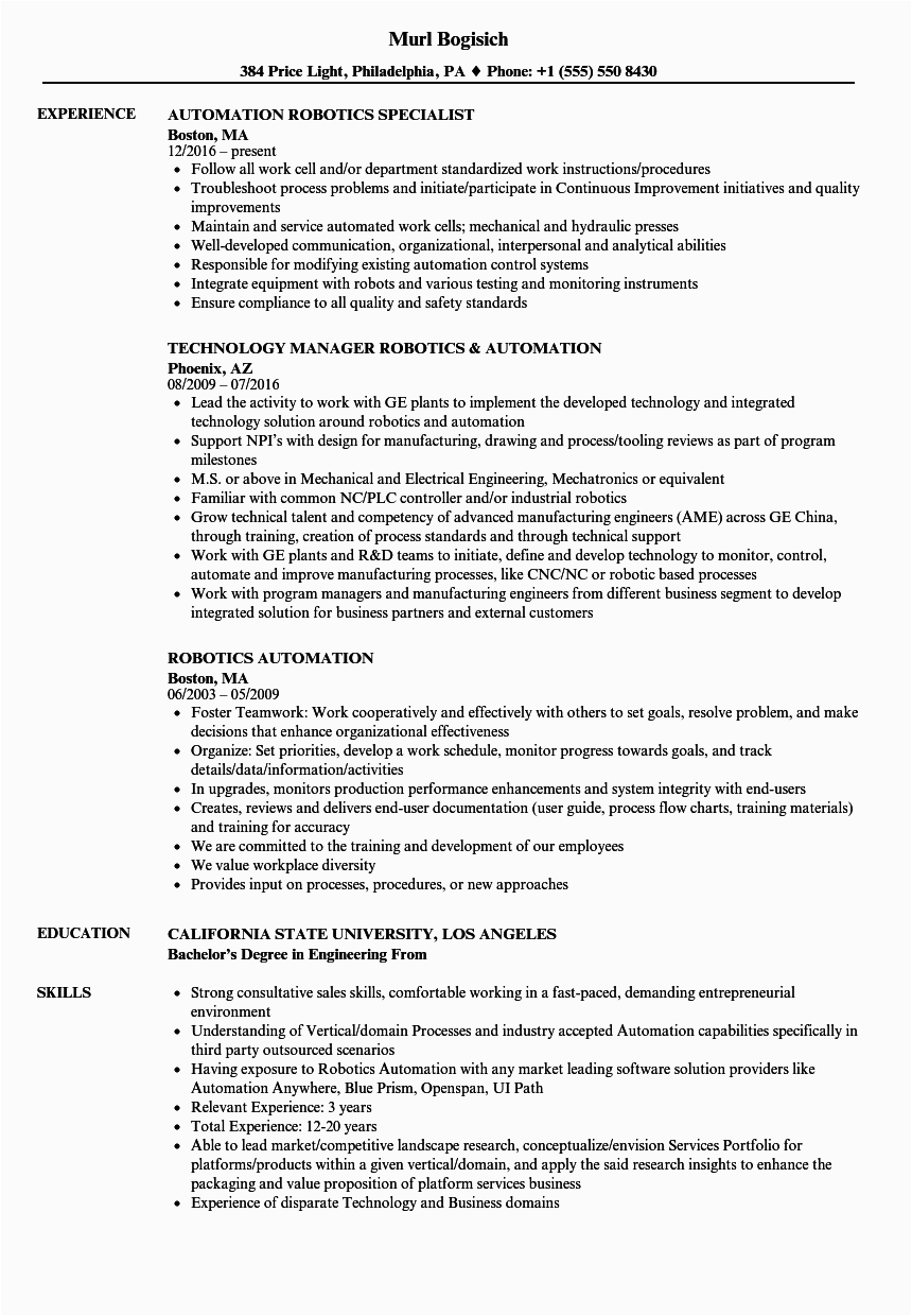 Sample Resume for Robotic Process Automation Robotics Automation Resume Samples