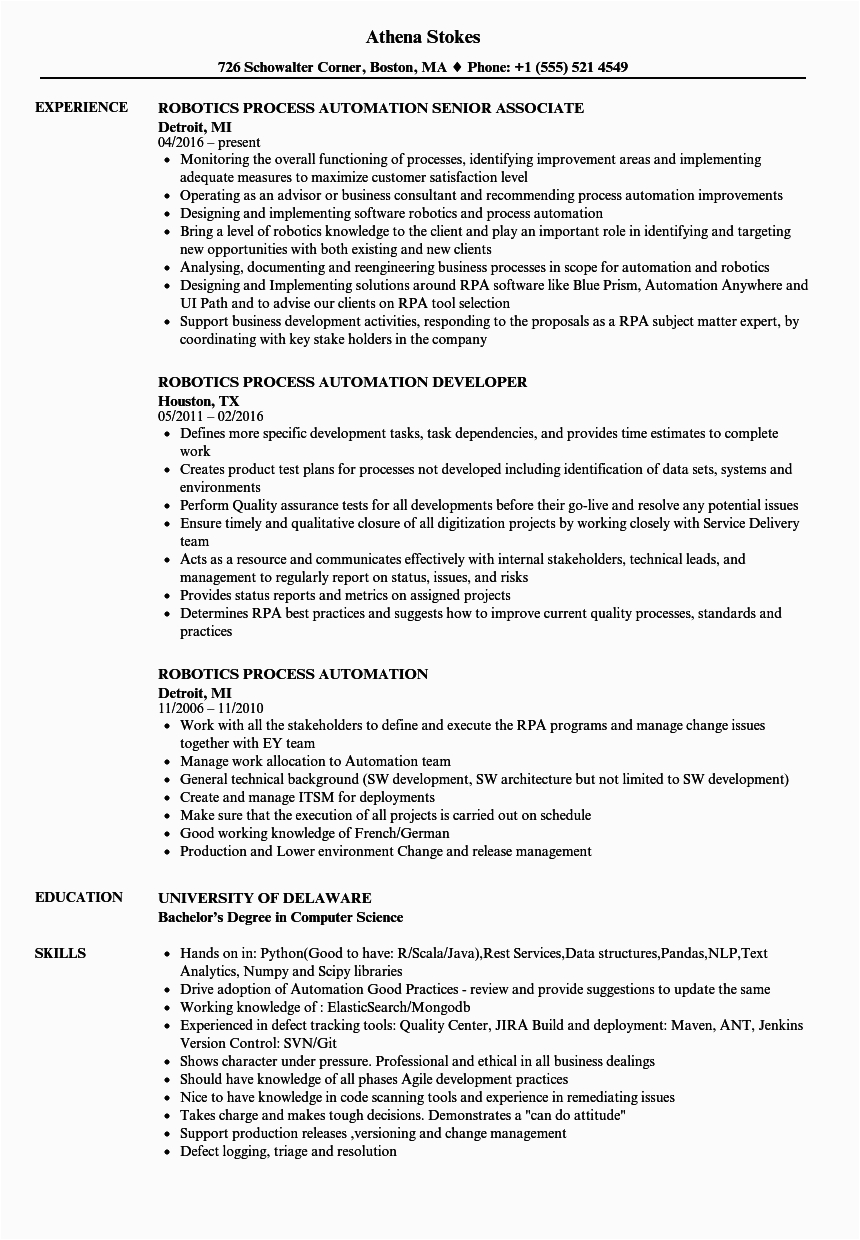 Sample Resume for Robotic Process Automation Robotics Process Automation Resume Samples