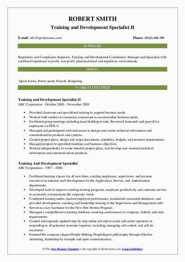Sample Resume for Running A Training and Development Program Training and Development Specialist Resume Samples