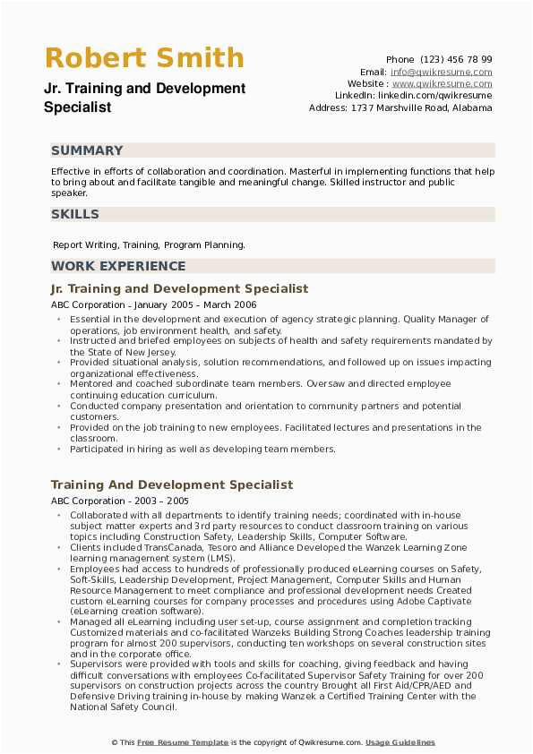 Sample Resume for Running A Training and Development Program Training and Development Specialist Resume Samples