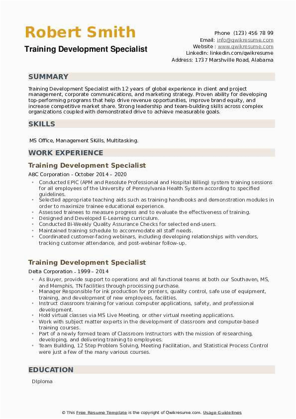Sample Resume for Running A Training and Development Program Training Development Specialist Resume Samples
