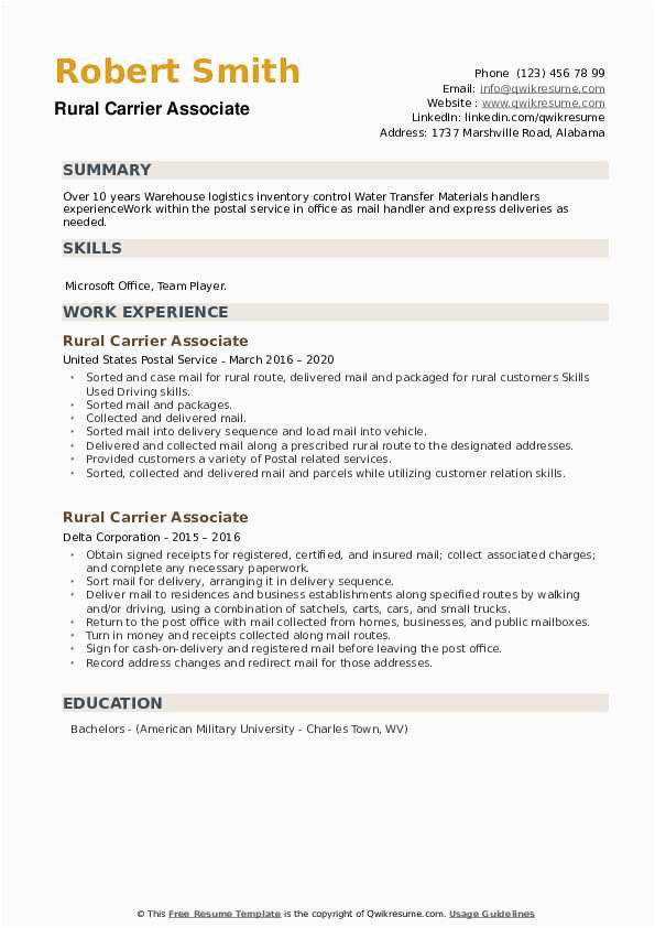 Sample Resume for Rural Carrier associate Rural Carrier associate Resume Samples