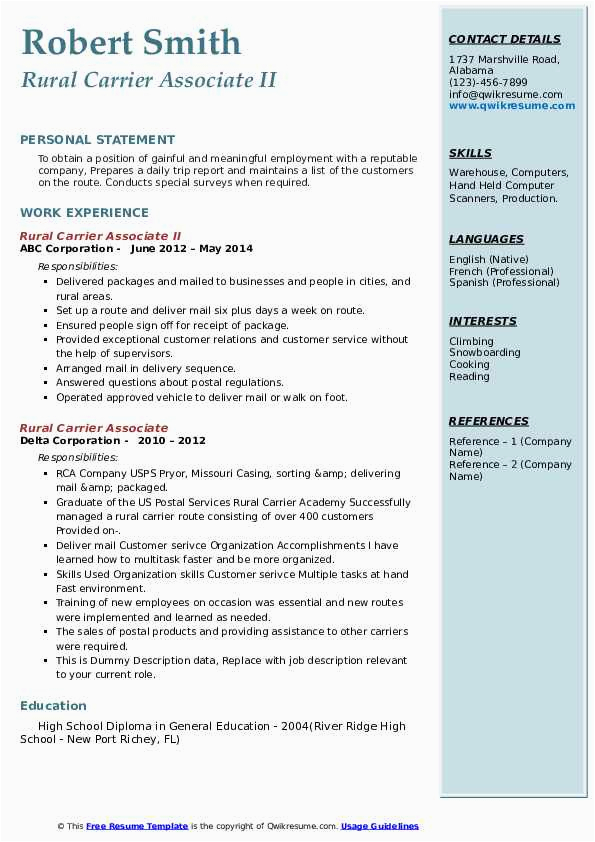 Sample Resume for Rural Carrier associate Rural Carrier associate Resume Samples