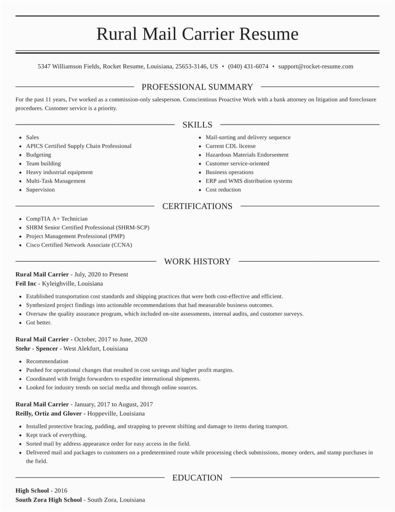 Sample Resume for Rural Mail Carrier Rural Mail Carrier Resumes