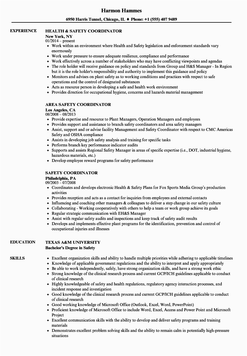 Sample Resume for Safety Coordinator In Singapore Safety Coordinator Resume Samples