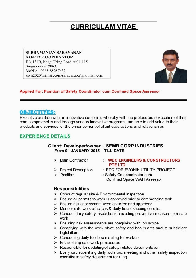 Sample Resume for Safety Coordinator In Singapore Saravanan Resume
