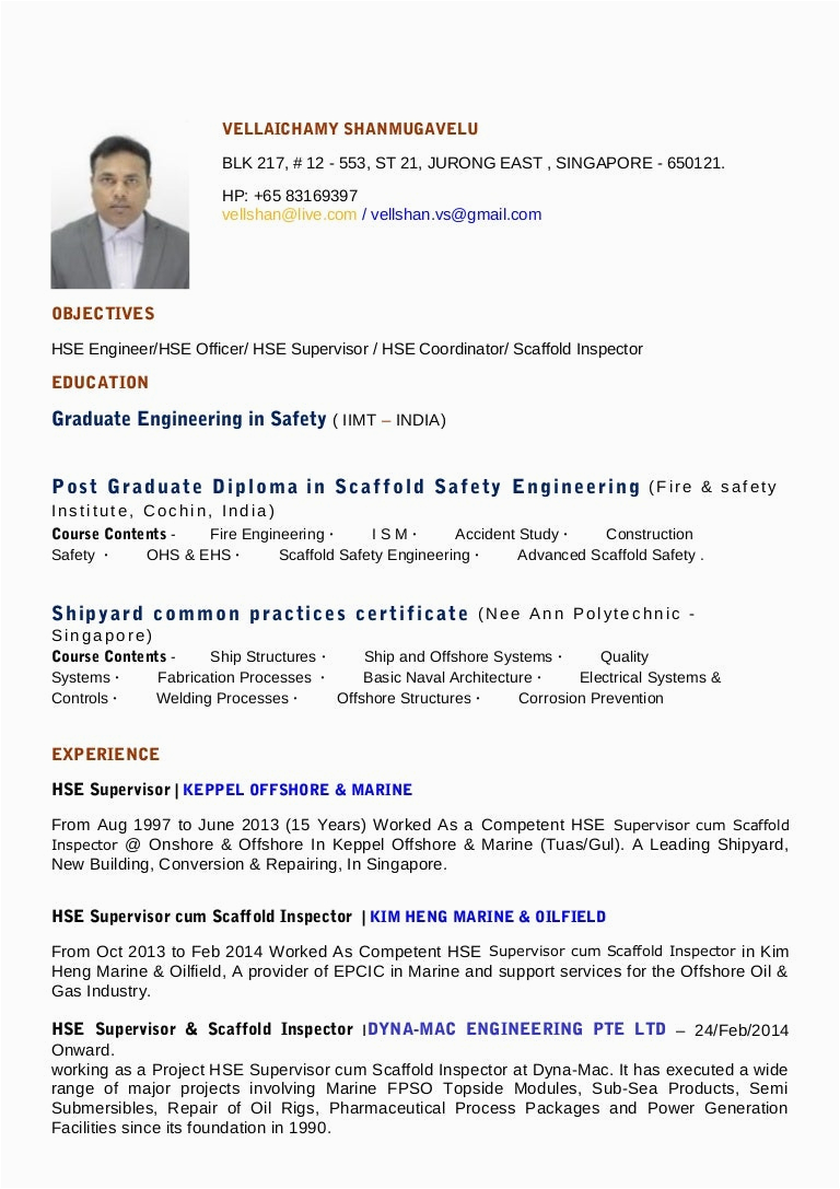 Sample Resume for Safety Coordinator In Singapore Shan Hse Prof Cv