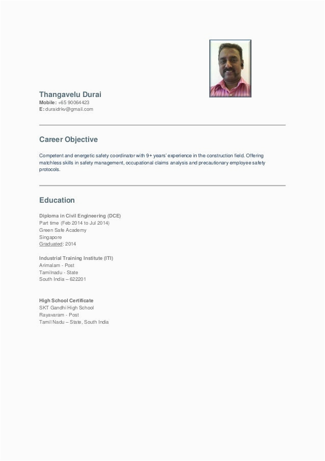 Sample Resume for Safety Coordinator In Singapore T Durai Wshc Resume