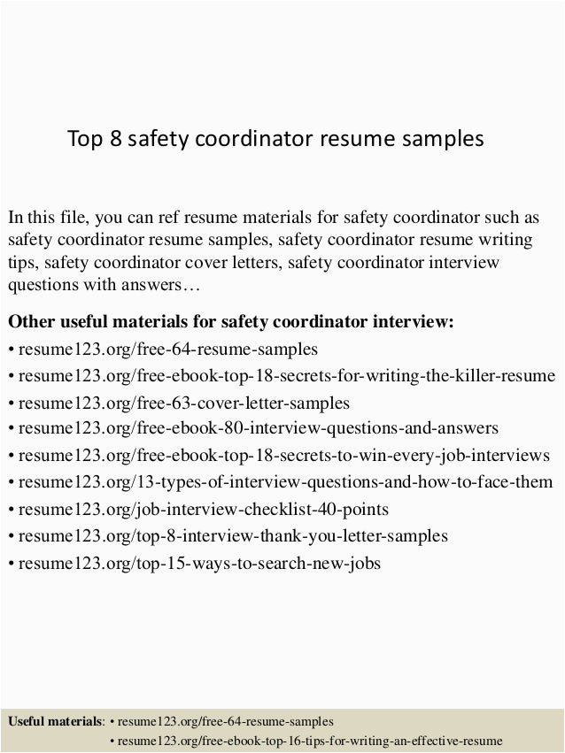 Sample Resume for Safety Coordinator In Singapore top 8 Safety Coordinator Resume Samples