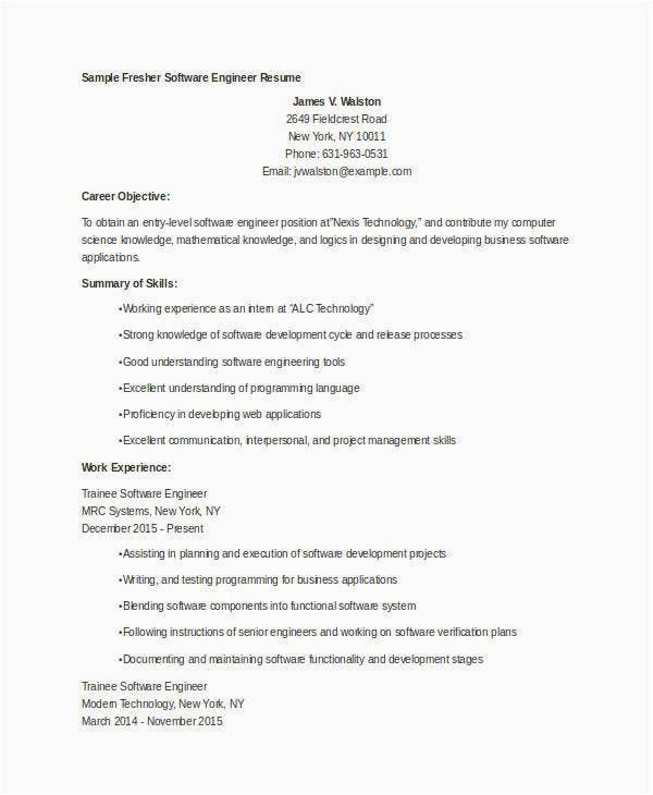 Sample Resume for software Engineer Fresher 12 Fresher Engineer Resume Templates Pdf Doc