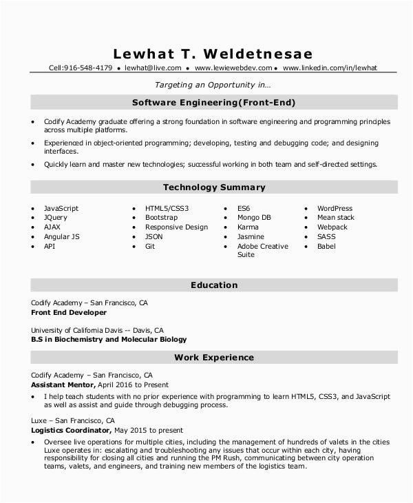 Sample Resume for software Engineer Fresher 37 Engineering Resume Examples