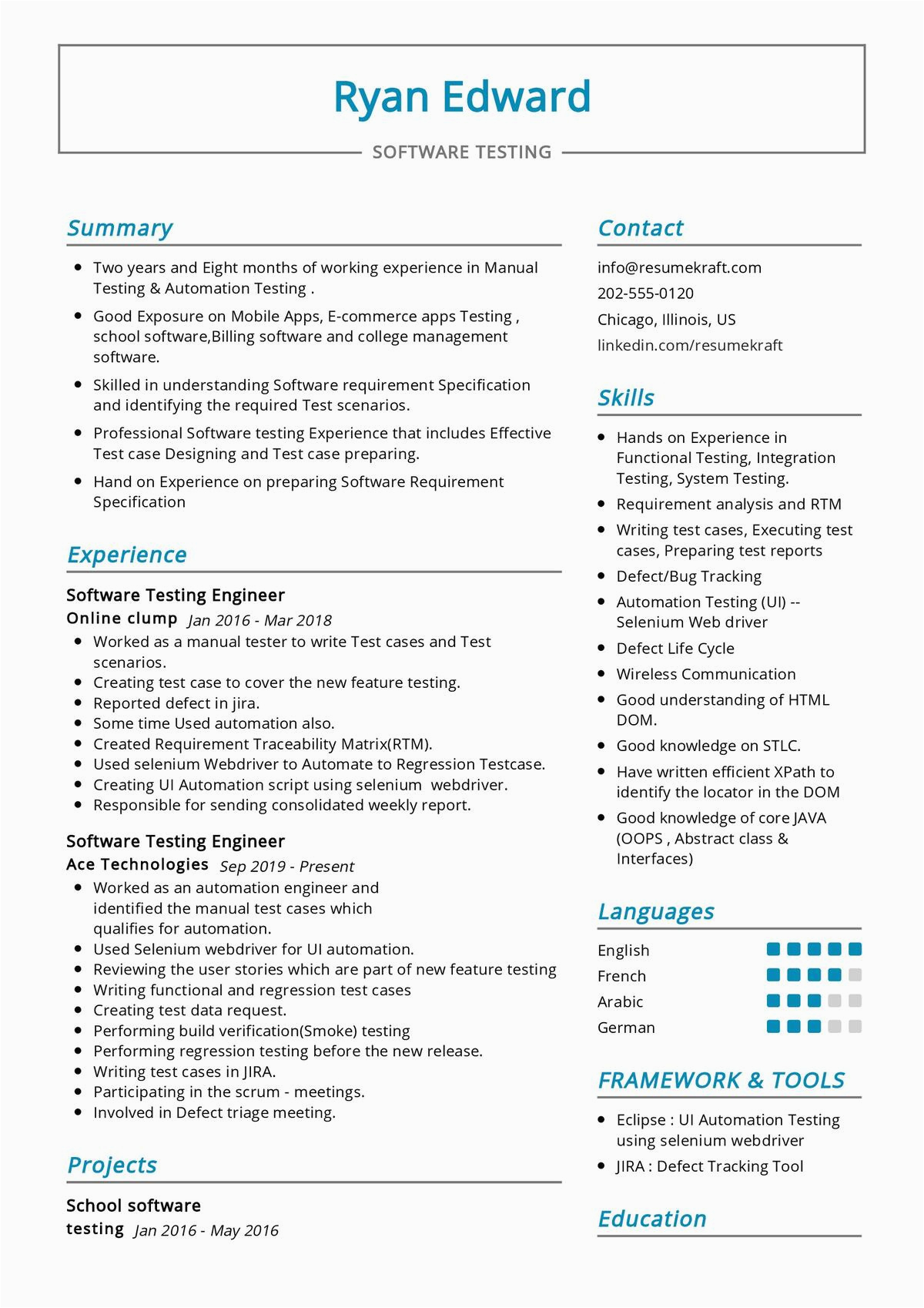 Sample Resume for software Tester 2 Years Experience software Testing Resume Sample 2021