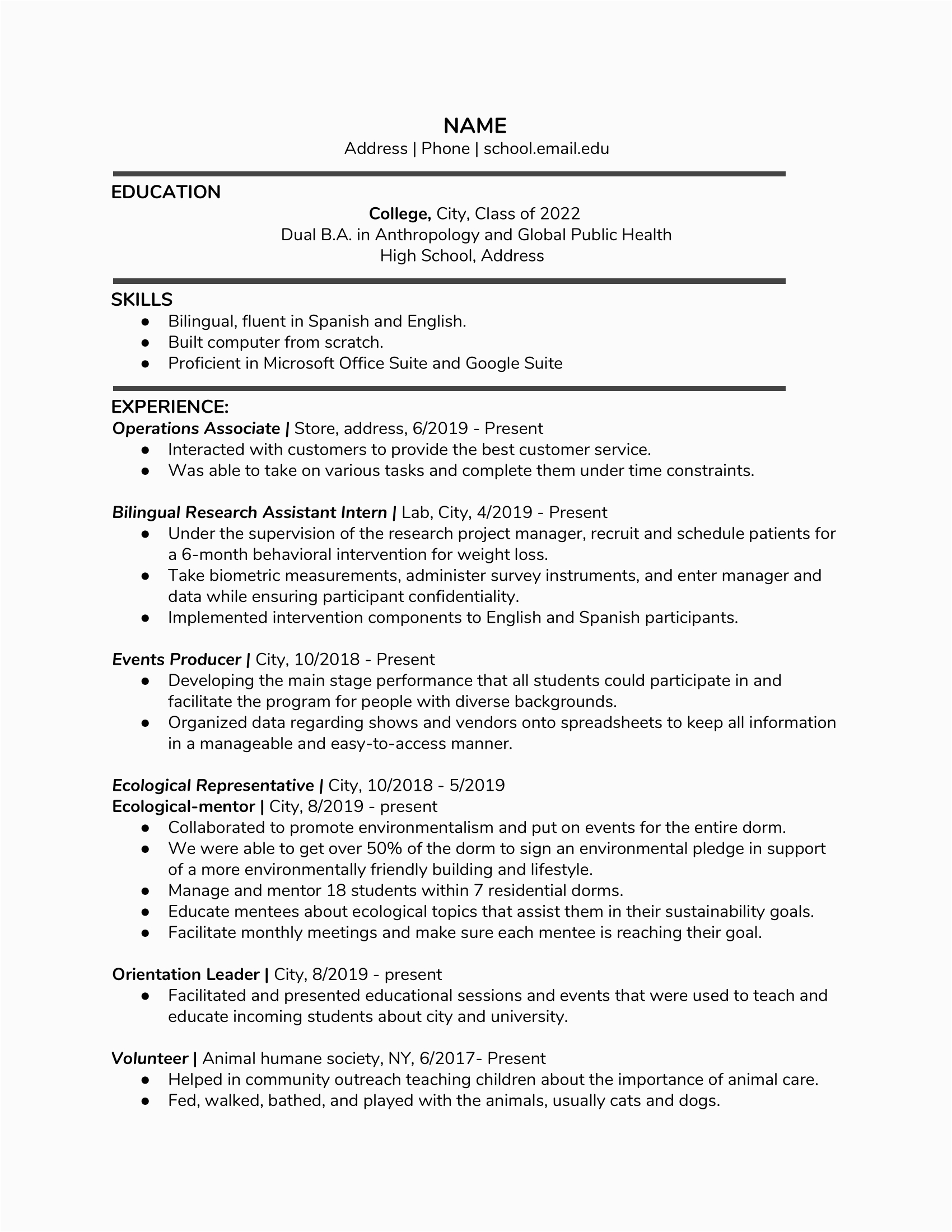 Sample Resume for sophomores In College College sophomore Trying to An Internship at A Local Zoo or