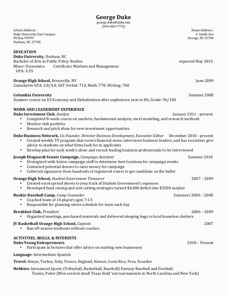Sample Resume for sophomores In College sophomore Resume