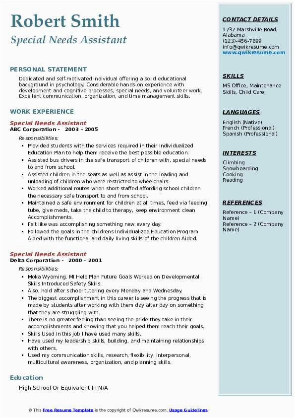 Sample Resume for Special Needs assistant Special Needs assistant Resume Samples