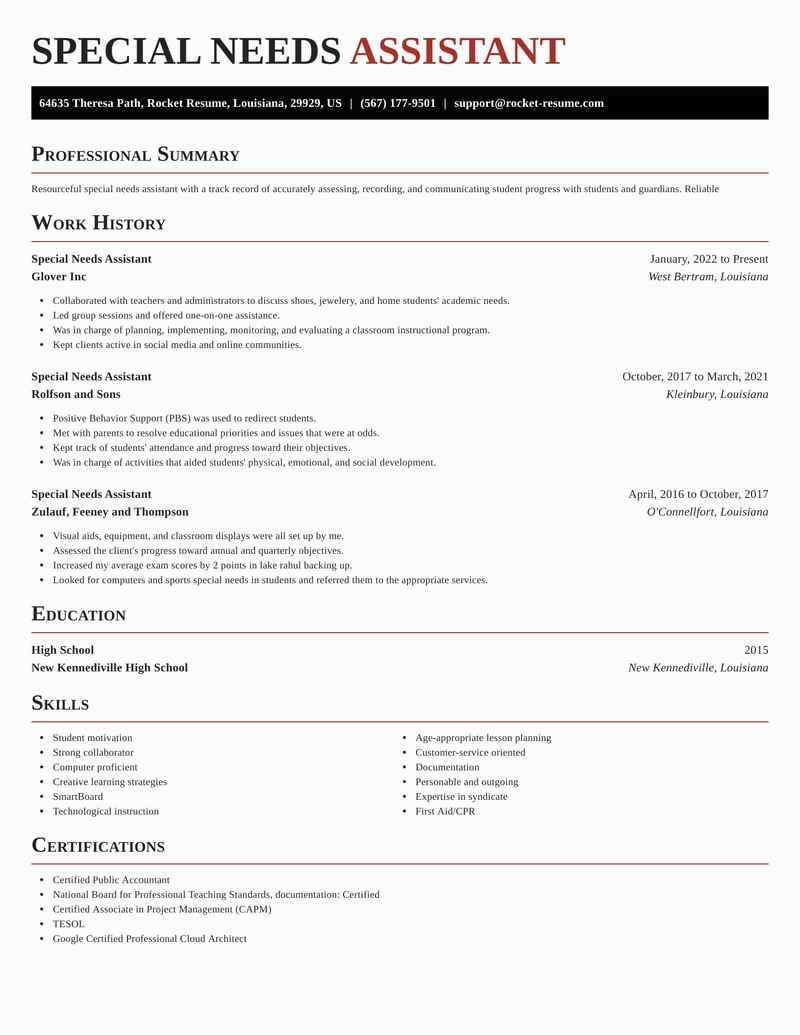 Sample Resume for Special Needs assistant Special Needs assistant Resumes