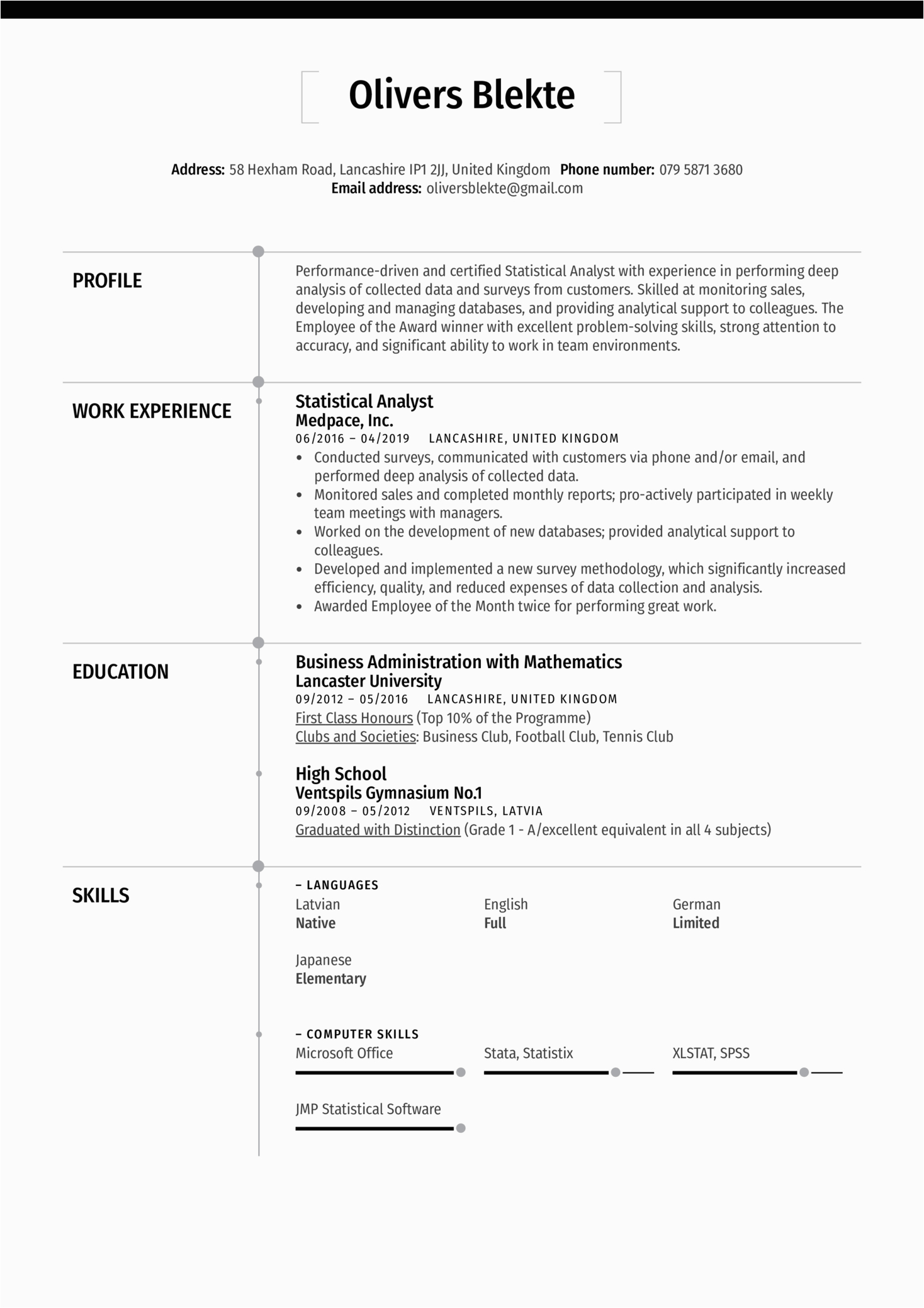 Sample Resume for Statistical Data Analyst Statistical Analyst Resume Sample