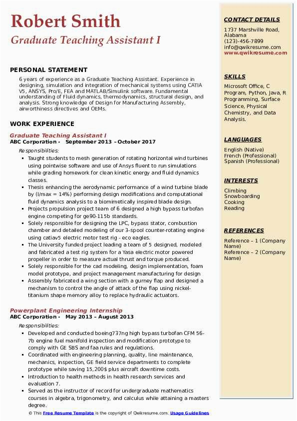 Sample Resume for Teaching assistant Graduate Graduate Teaching assistant Resume Samples