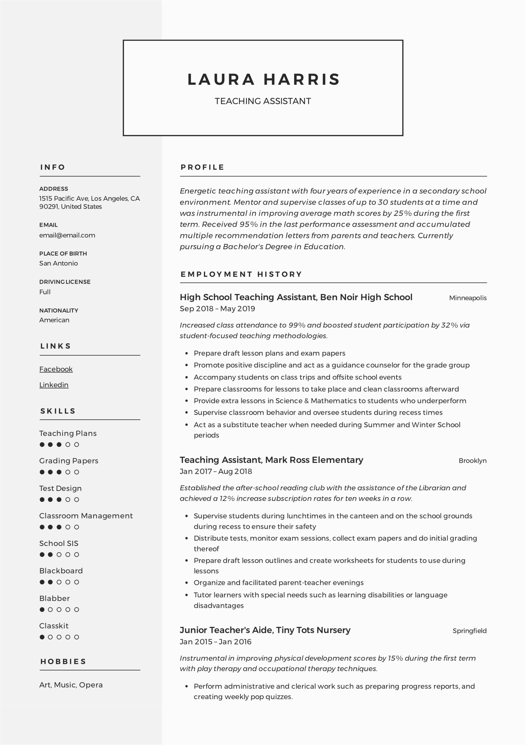 Sample Resume for Teaching assistant Job Teaching assistant Resume & Writing Guide 12 Templates