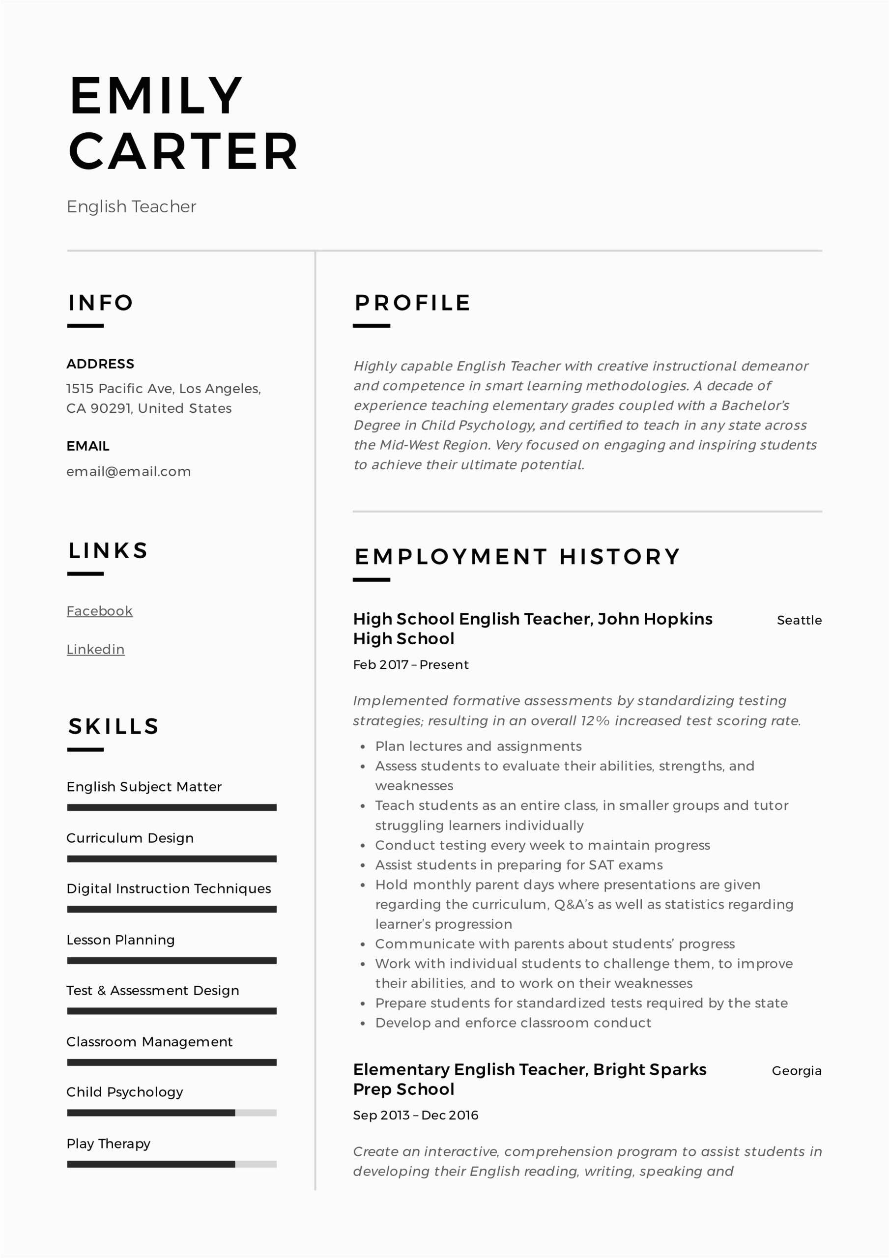 Sample Resume for Teaching English Online English Teacher Resume & Writing Guide 12 Free Templates