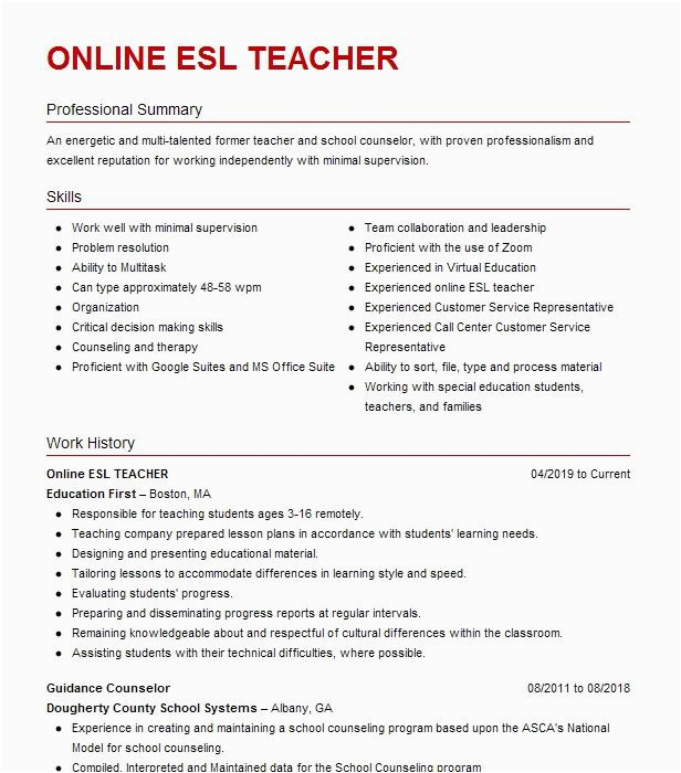 Sample Resume for Teaching English Online Esl Teacher Line Resume Example Vipkid Schaumburg Illinois