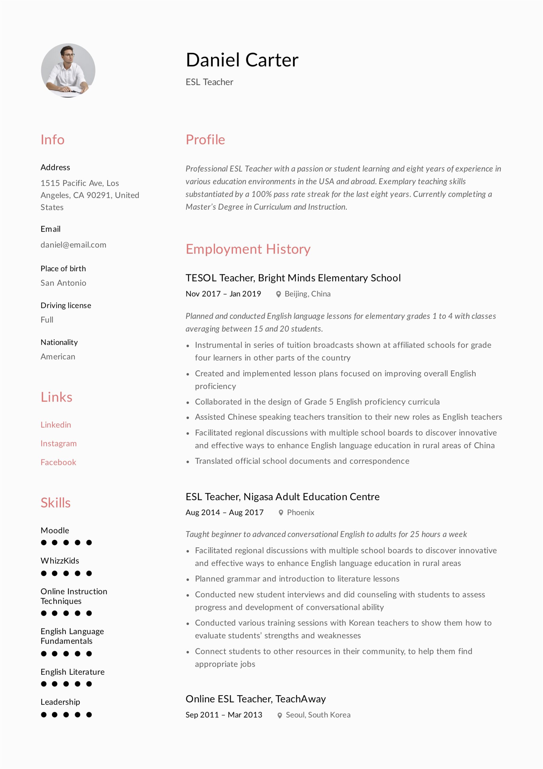 Sample Resume for Teaching English Online Esl Teacher Resume Sample & Writing Guide
