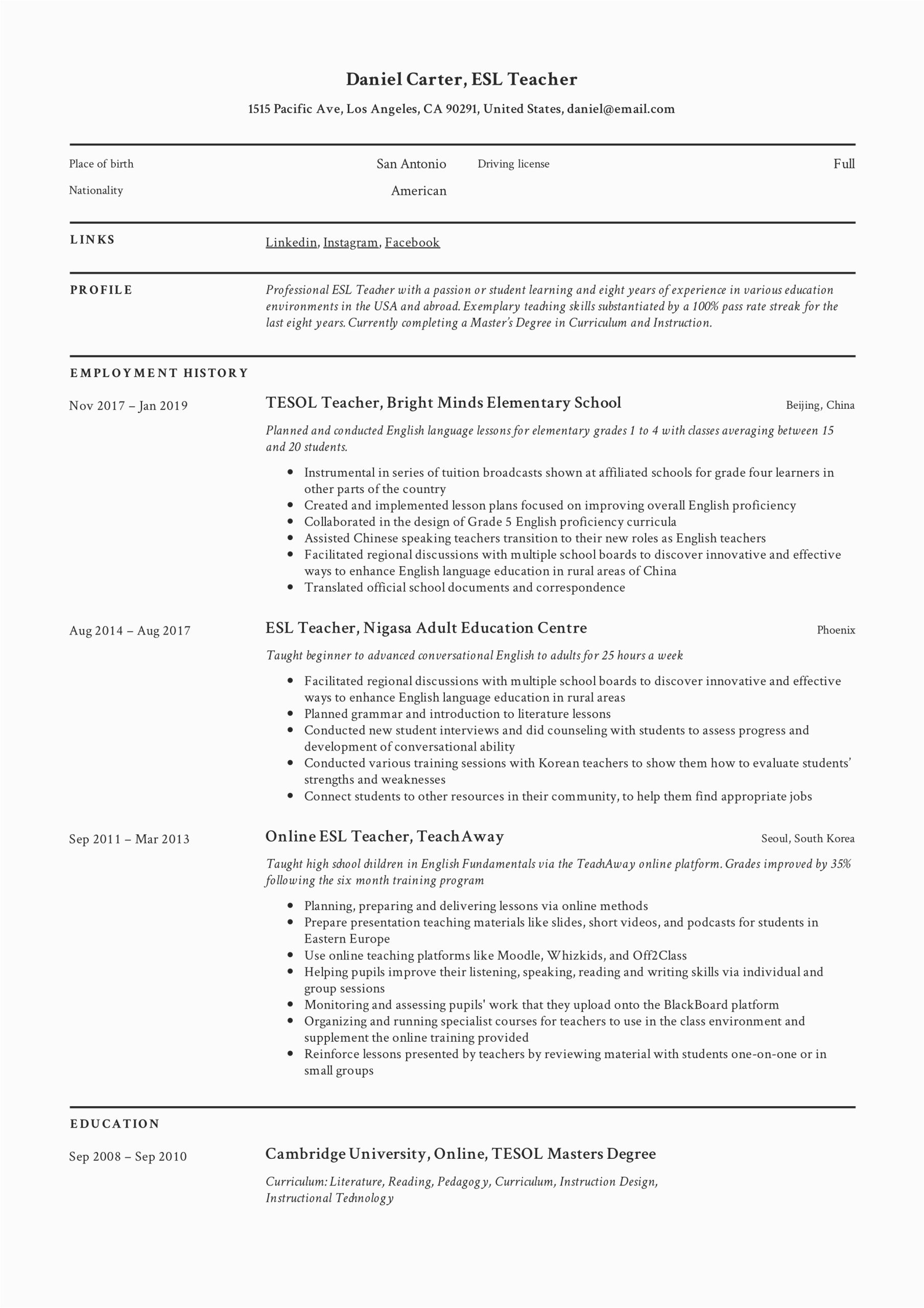Sample Resume for Teaching English Online Esl Teacher Resume Sample & Writing Guide