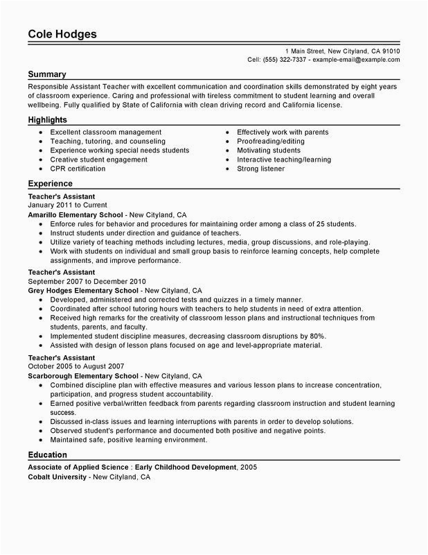 Sample Resume for Teaching Job Application assistant Teacher Resume Sample
