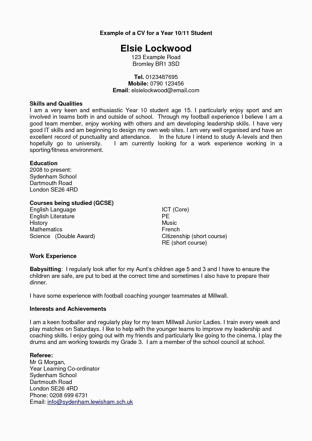 Sample Resume for Year 10 Work Experience Cv Template Year 10 Resume format