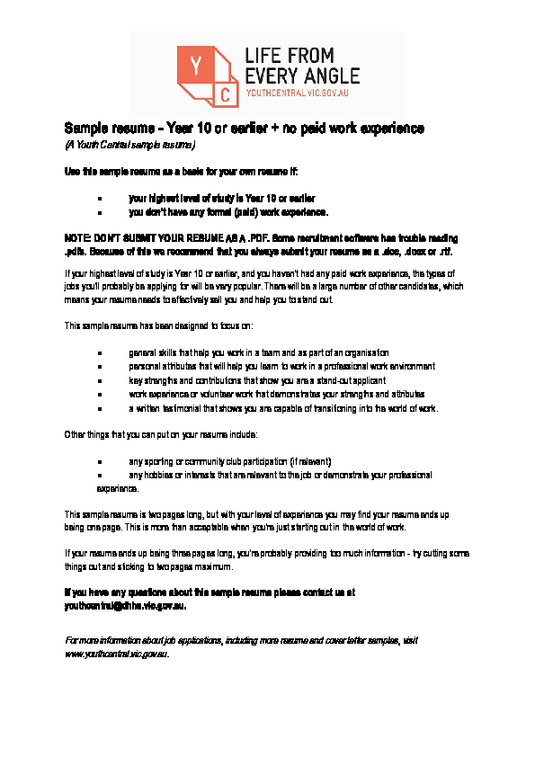 Sample Resume for Year 10 Work Experience Doc Sample Resume Year 10 or Earlier No Paid Work
