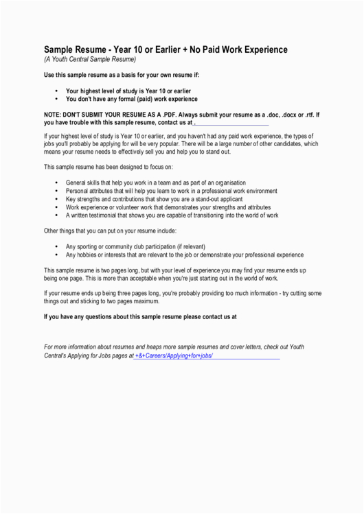 Sample Resume for Year 10 Work Experience Sample Resume Year 10 Earlier No Paid Work