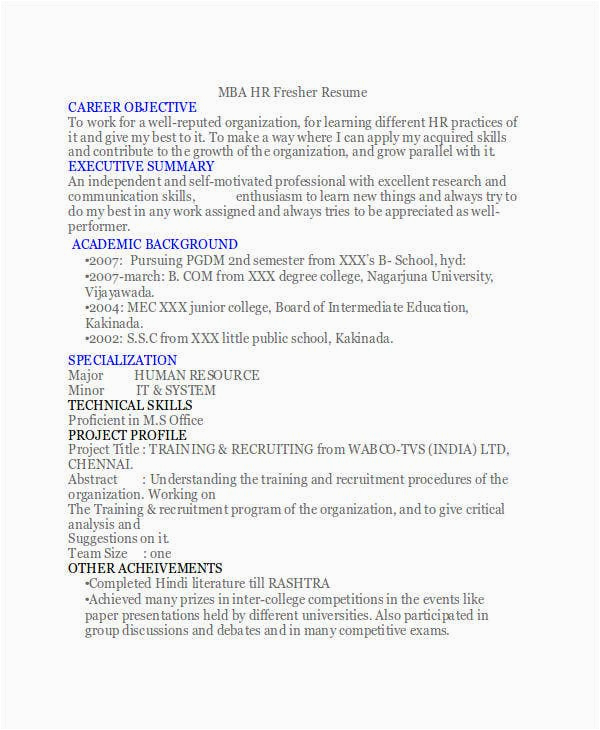 Sample Resume format for Mba Hr Freshers 21 Fresher Resume Templates Pdf Doc