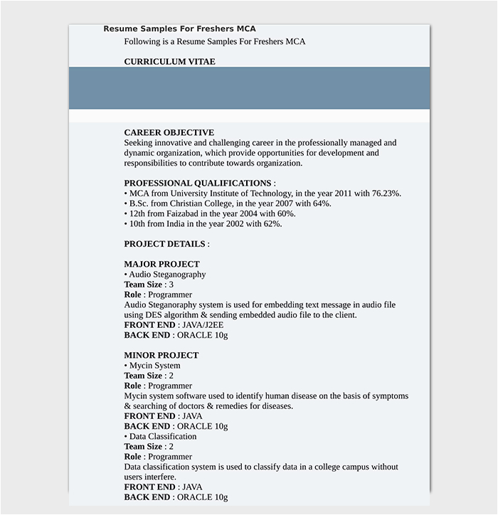 Sample Resume format for Mca Fresher Fresher Resume Template