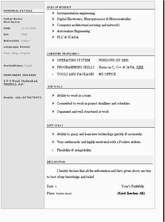 Sample Resume format for Mca Fresher Resume format for Mca Freshers Pdf 2 Page Resume formats for Freshers