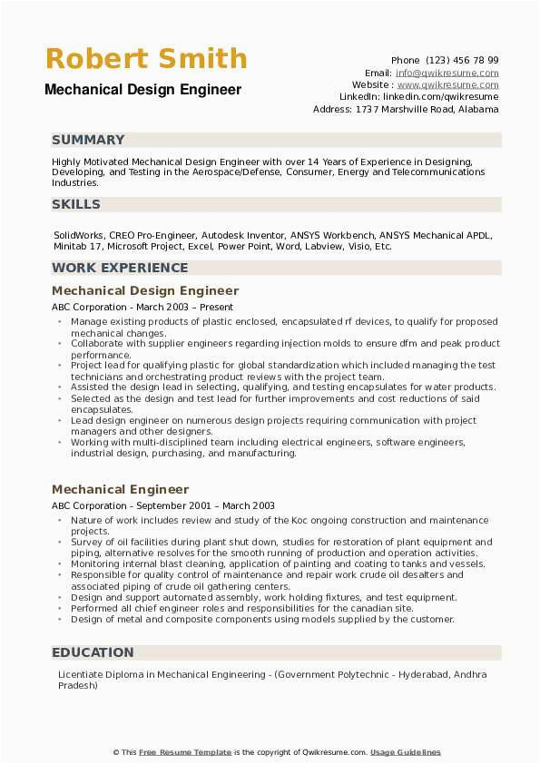 Sample Resume format for Mechanical Design Engineer Mechanical Design Engineer Resume Samples