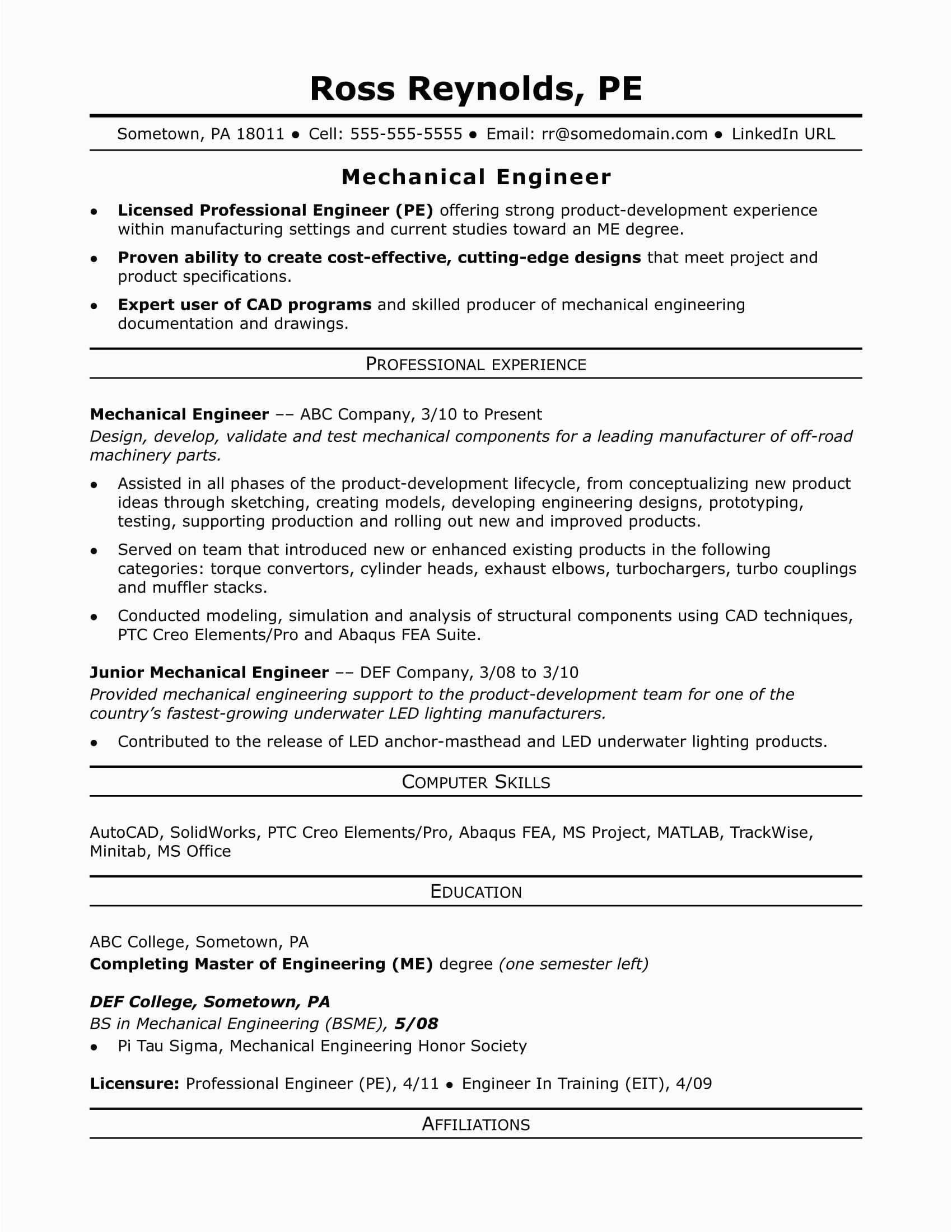 Sample Resume format for Mechanical Design Engineer Sample Resume for A Midlevel Mechanical Engineer