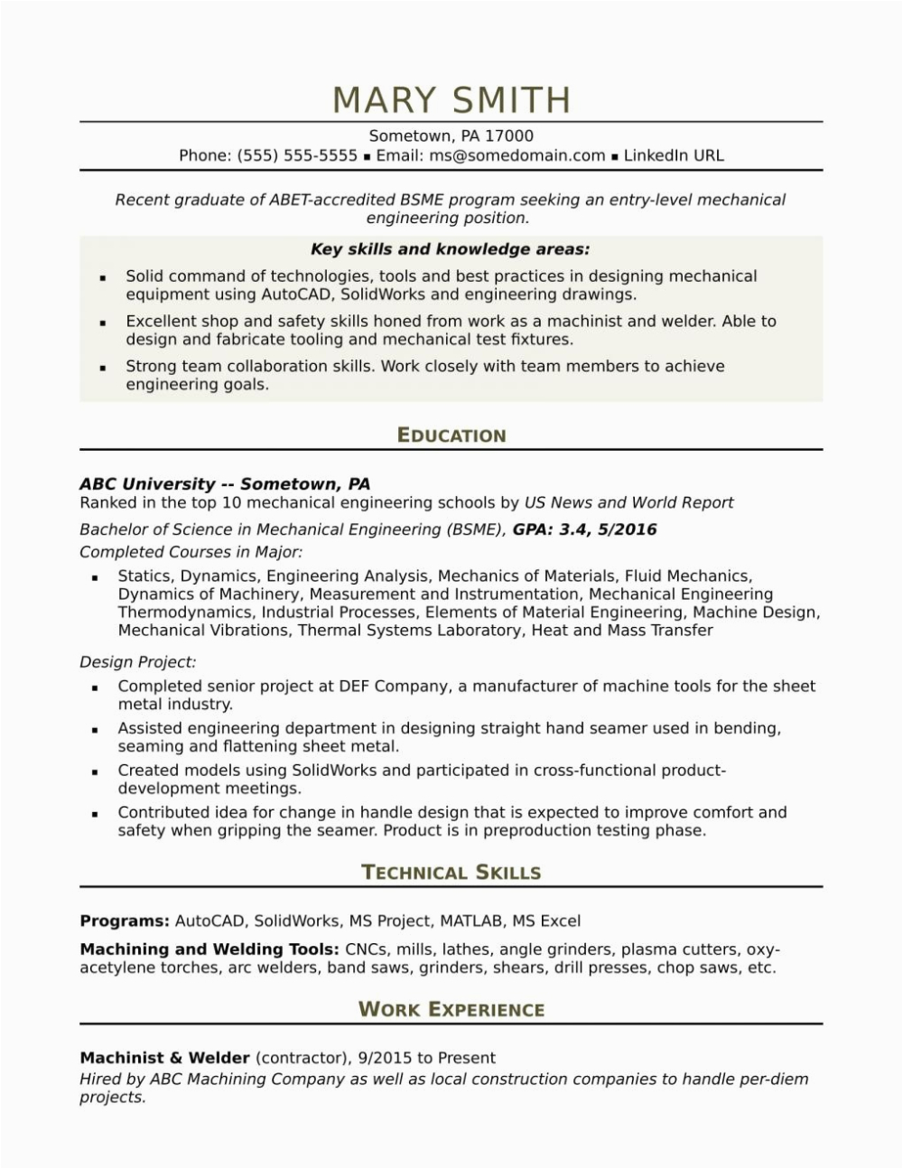 Sample Resume format for Mechanical Design Engineer Sample Resume for An Entry Level Mechanical Engineer