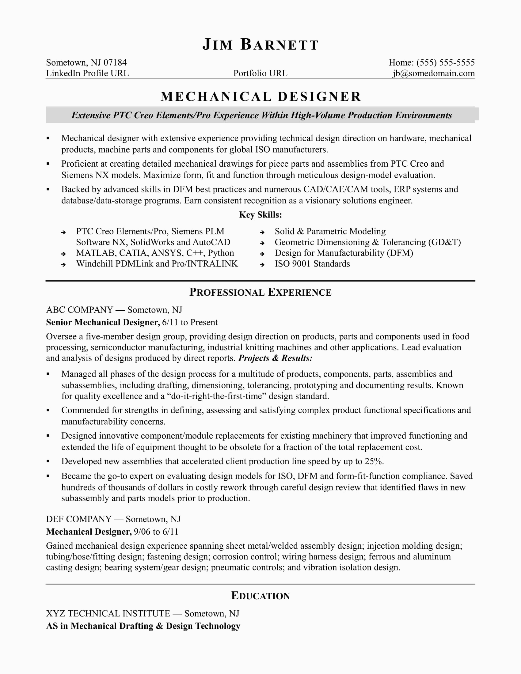 Sample Resume format for Mechanical Design Engineer Sample Resume for An Experienced Mechanical Designer