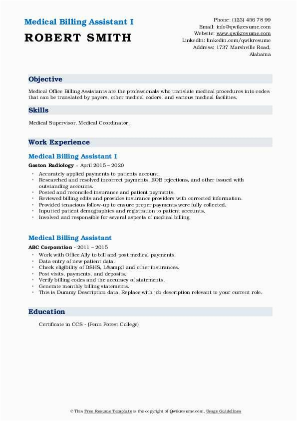 Sample Resume format for Medical Biller Medical assistant Medical Billing assistant Resume Samples