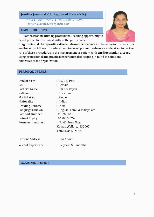 Sample Resume format for Nurses In India Cv Rn [dha]1