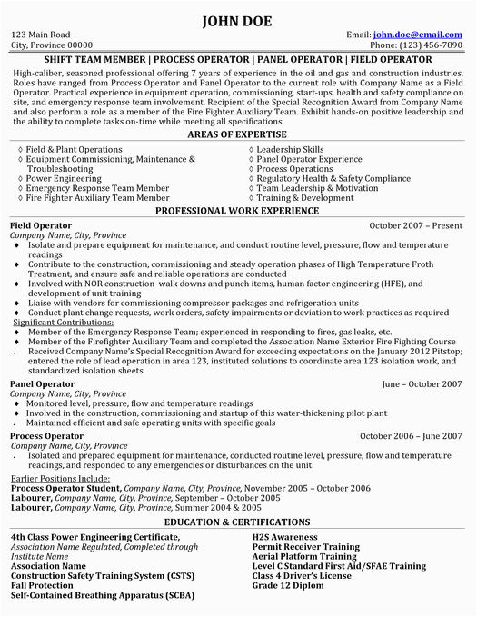 Sample Resume format for Oil and Gas Industry Here to This Process & Field Operator Resume Sample