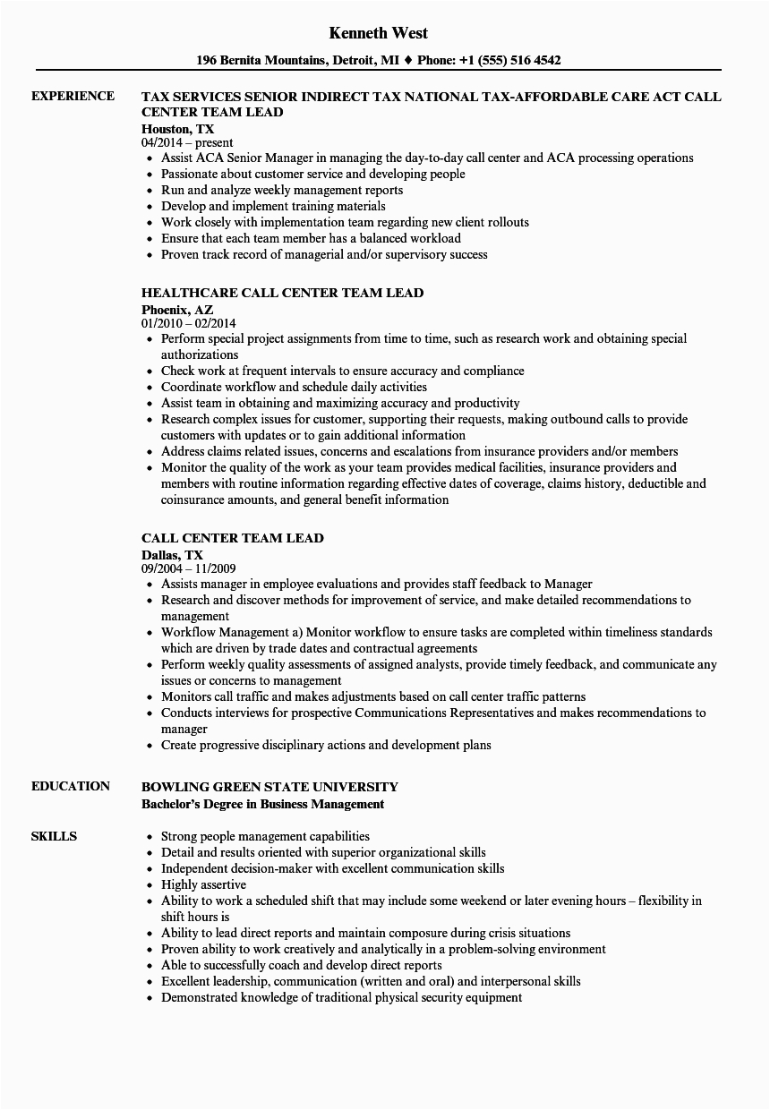 Sample Resume Objective for Call Center Team Leader Team Lead Job Description – Wanew