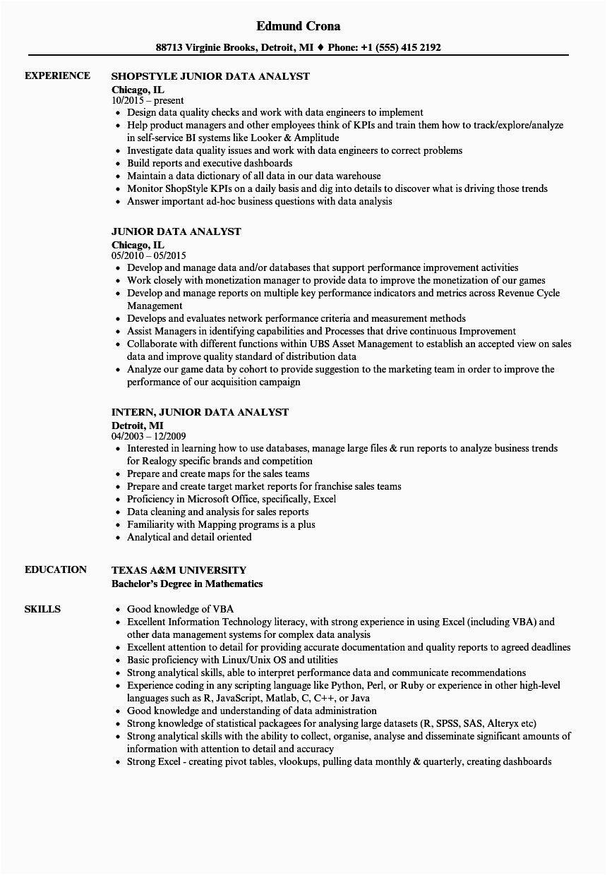Sample Resume Objective for Data Analyst Junior Data Analyst Resume Sample