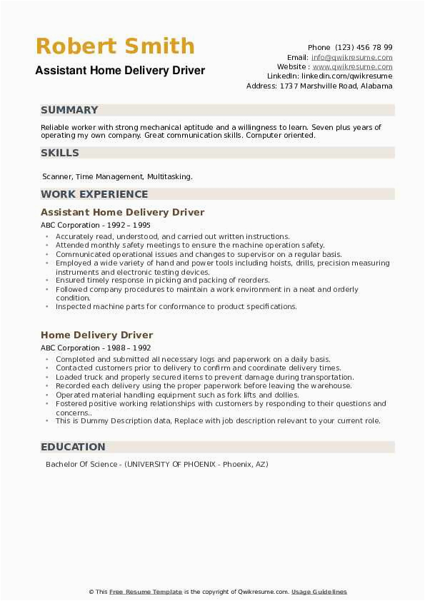 Sample Resume Objective for Driver Position Home Delivery Driver Resume Samples