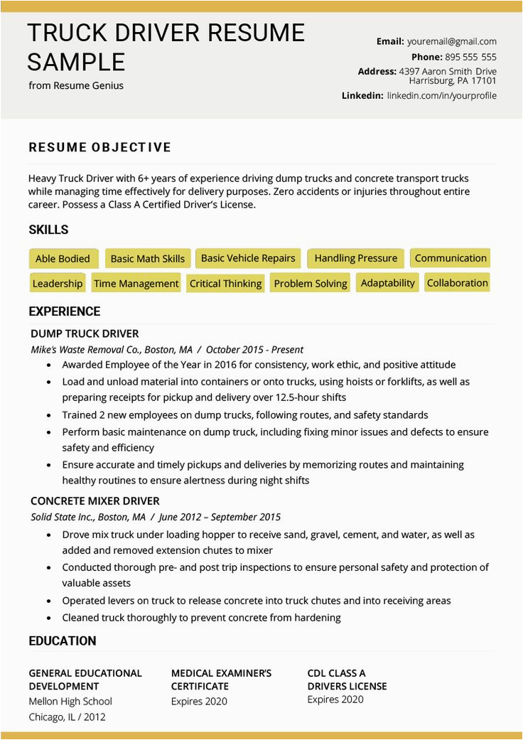Sample Resume Objective for Driver Position Truck Driver Resume Sample and Tips In 2020