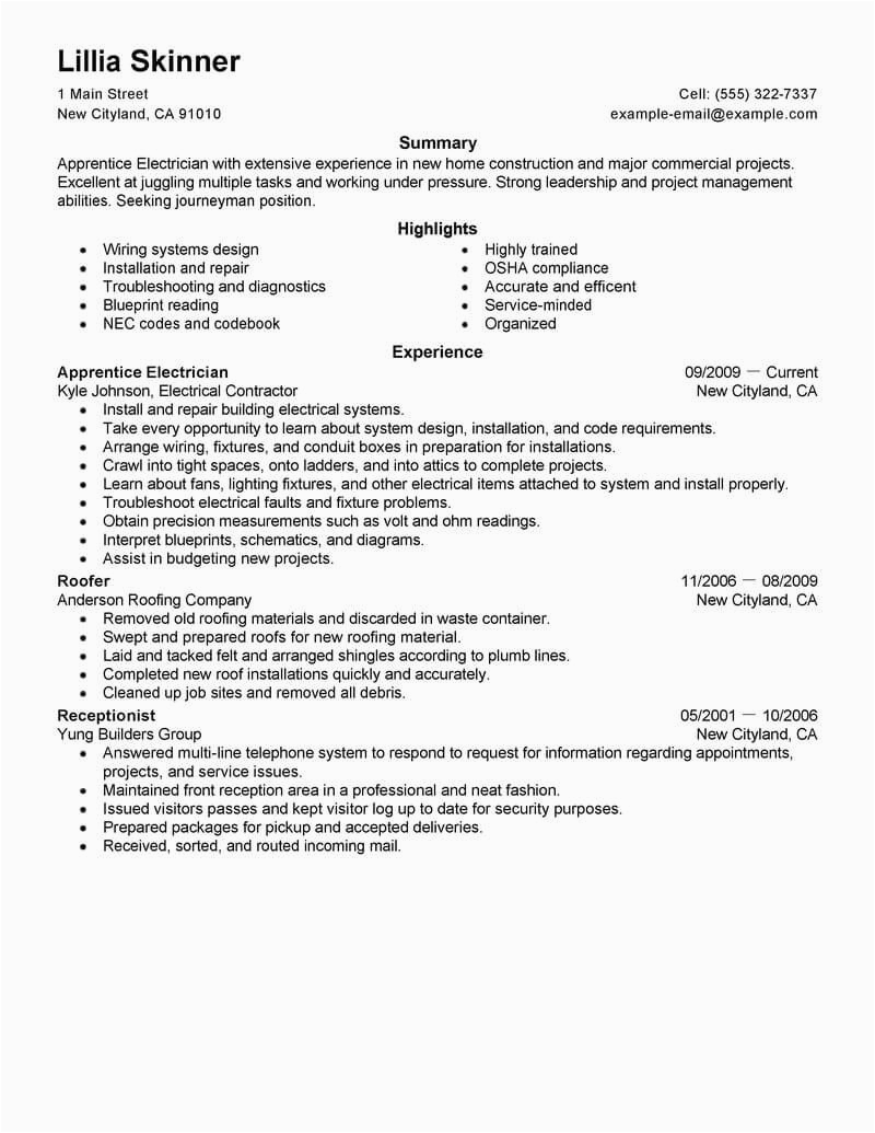 Sample Resume Objective for Electrician Apprentice Best Apprentice Electrician Resume Example From Professional Resume